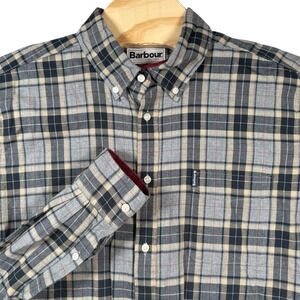 Barbour Highland Check 20 Shirt Men Medium Grey Plaid Tailored Fit Corduroy Cuff